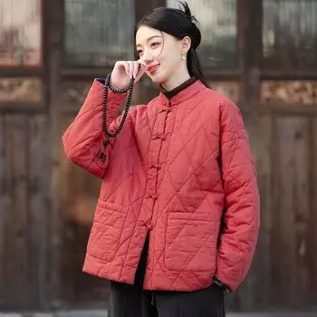 Johnature Women Chinese Style Stand Long Sleeve Coats Winter Patchwork Pockets Coats One Size бежевый