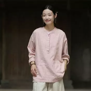 Johnature Women Chinese Style Stand Shirts Solid Color Long Sleeve Tops Autumn Loose Ramie Cotton Women Shirts One Size розовый