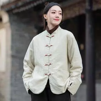 Johnature Women Chinese Style Winter Solid Color Button Coats Stand Long Sleeve Women Warm Coats One Size бежевый