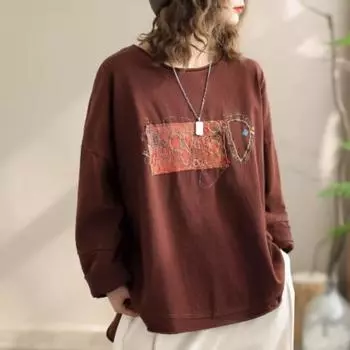 Johnature Women Embroidery Floral T-Shirts Long Sleeve O-Neck Spring Solid Color Loose Women Vintage T-Shirts