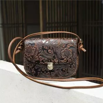 Johnature Women s Genuine Leather Shoulder Bag Versatile Cowhide Embossed Buckle Retro Crossbody Bag