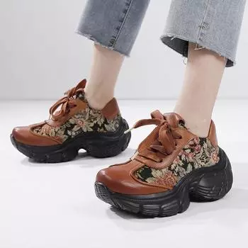 Женские туфли Johnature из натуральной кожи с вышивкой на толстой подошве со шнуровкой в спортивном стиле, повседневные туфли на плоской платформе 35 коричневый