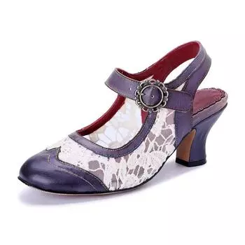 Johnature Women s Shoes Genuine Leather Retro Splicing Lace Comfortable Middle Heel Sandals 36 серый