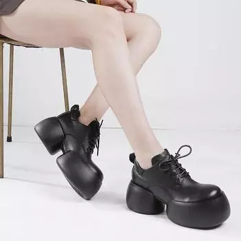 Женская обувь Johnature, универсальные туфли-лодочки из натуральной кожи на толстой подошве, туфли на платформе с круглым носком в стиле ретро 36 чёрный