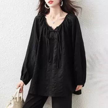Johnature Women Spring Autumn Black Top Women Chinese Loose Long Sleeve V-neck Shirts L