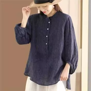 Johnature Женские полосатые рубашки, винтажные блузки с семью рукавами и пуговицами, летние свободные повседневные женские рубашки One Size