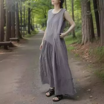 Johnature Женские летние платья без рукавов с круглым вырезом Серый хлопок Мягкий бандажный женский А-силуэт Винтажное платье One Size темно-серого