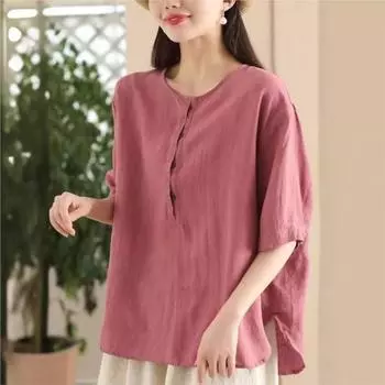Johnature Women Summer T-Shirts O-Neck Half Sleeve Tees Solid Color Loose Button Women Casual T-Shirts