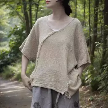 Johnature Женские футболки с V-образным вырезом Однотонные нестандартные ткани Летние свободные женские винтажные футболки One Size