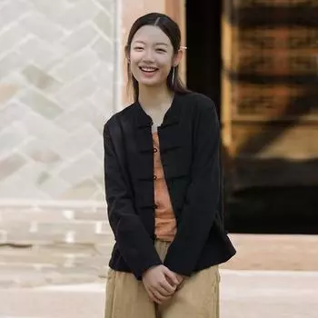 Johnature Women Vintage Chinese Style Shirts Tops Stand Long Sleeve Solid Color Button Women Shirts M чёрный