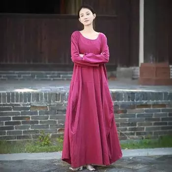 Johnature Women Vintage Dress O-Neck Long Sleeve Spring Solid Color A-Line Women Dress S чёрный