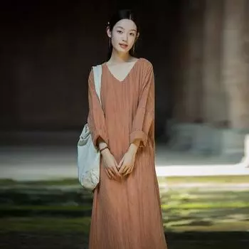 Johnature Women Vintage Dress V-Neck Long Sleeve Autumn Loose Chinese Style Women A-Line Dress One Size