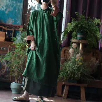 Johnature Женские винтажные платья с длинным рукавом, однотонные, с пуговицами, осеннее платье А-силуэта One Size зелёный