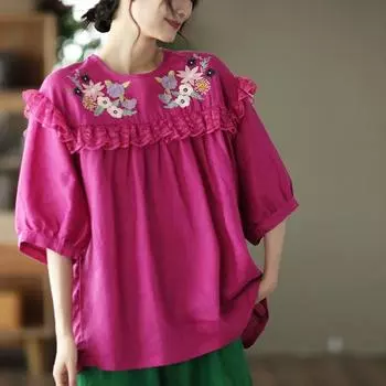 Johnature Женские винтажные футболки с цветочной вышивкой, однотонные лоскутные футболки высокого качества, летние футболки с короткими рукавами One Size оранжевый