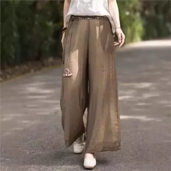 Женские винтажные широкие брюки Johnature с цветочной вышивкой, однотонные брюки с эластичной резинкой на талии, летние свободные повседневные брюки One Size чёрный