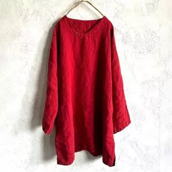 Johnature Women Vintage Embroidery T-Shirts V-Neck Long Sleeve Spring Solid Color Women Loose Long T-Shirts One Size бежевый