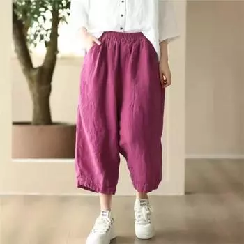 Johnature Женские винтажные шаровары, однотонные свободные летние брюки, повседневные брюки длиной до икр с эластичной резинкой на талии L