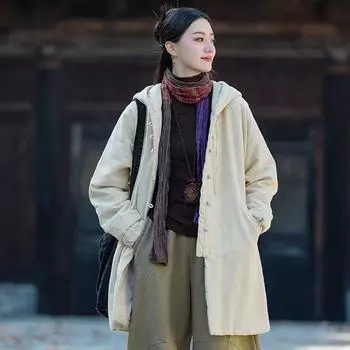 Johnature Women Vintage Hooded Button Chinese Style Coats Winter Solid Color Long Sleeve Coats One Size бежевый