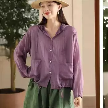 Johnature Women Vintage Hooded Shirts Tops Solid Color Long Sleeve Button Blouses Summer Loose Pockets Shirts