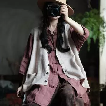 Johnature Женские винтажные вязаные жилеты свитера однотонные осенние карманы на пуговицах с V-образным вырезом повседневные мягкие женские свитера жилет One Size бежевый