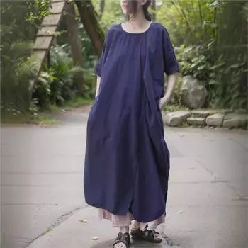 Johnature Women Vintage Navy blue Dresses O-Neck Short Sleeve Loose Summer Irregular Women Dresses