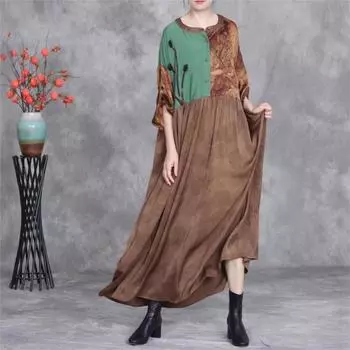 Johnature Women Vintage Patchwork Color High Quality O-Neck Long Sleeve Spring Loose Button Dresses One Size