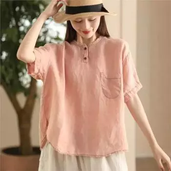 Johnature Женские винтажные футболки с карманами в стиле пэчворк, с круглым вырезом и коротким рукавом, однотонные летние свободные повседневные футболки L чёрный