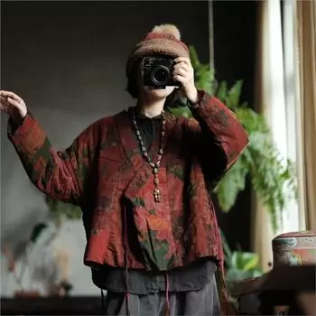 Johnature Women Vintage Patchwork Red Corduroy Print Floral Coats Winter Belt Chinese Style Women Coats One Size красный