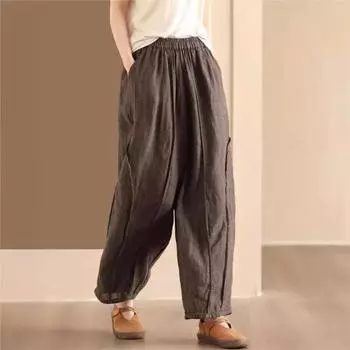 Johnature Women Vintage Plaid Straight Pants Elastic Waist Patchwork Pockets Spring Loose Casual Women Trousers