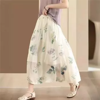 Johnature Women Vintage Print Floral A-Line Skirts Summer Elastic Waist High Quality Chinese Style Casual Skirts