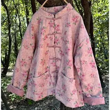 Johnature Women Vintage Print Floral Button Stand Coats Pockets Winter Chinese Style Women Warm Coats One Size