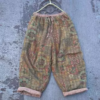 Johnature Women Vintage Print Floral Pants Elastic Waist Pockets Winter Chinese Style Loose Long Pants One Size