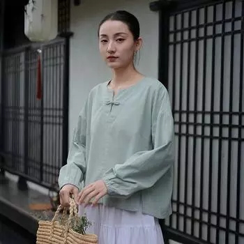 Johnature Women Vintage Pullover T-Shirts Soft Spring Solid Color Long Sleeve Button Casual Loose T-Shirts M светло-зеленый