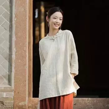 Johnature Women Vintage Shirts Tops Long Sleeve Chinese Style Autumn Blouses Solid Color Stand Shirts One Size фиолетовый