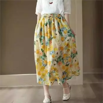 Johnature Women Vintage Skirts Elastic Waist Print Floral Summer High Quality Casual Soft A-Line Skirts