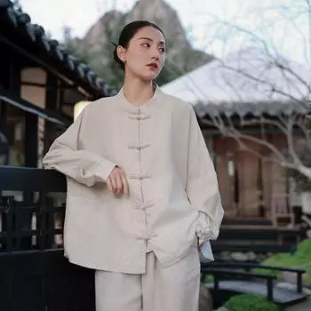 Johnature Women Vintage Stand Shirts Tops Solid Color Button Spring Loose Chinese Style Blouses Shirts One Size