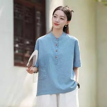 Johnature Женские винтажные футболки Stand, однотонные летние футболки с пуговицами, лоскутные карманы, летние футболки One Size синий