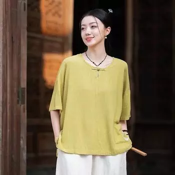 Johnature Женские винтажные футболки с карманами в стиле пэчворк, с круглым вырезом и коротким рукавом, летние футболки в китайском стиле One Size жёлтый