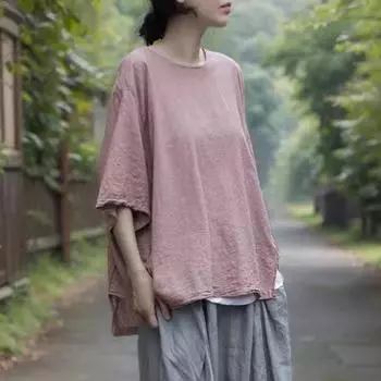 Женские винтажные футболки Johnature, однотонные, с круглым вырезом и коротким рукавом, летние свободные футболки нестандартной формы One Size розовый