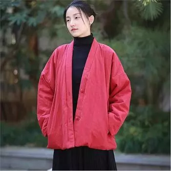 Johnature Women Vintage V-Neck Long Sleeve Winter Coats Solid Color Loose Warm Women Button Coats One Size чёрный