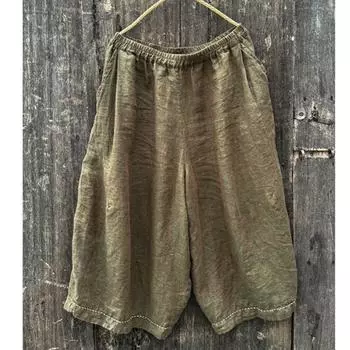 Johnature Women Vintage Wide Leg Pants Elastic Waist Trousers Autumn Loose Pockets Women Calf-length Pants One Size оранжевый