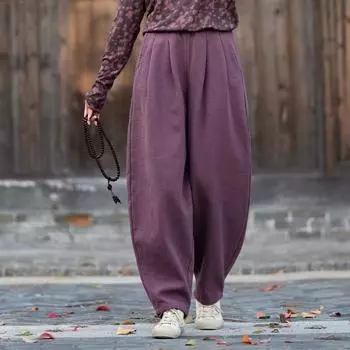 Johnature Women Winter Vintage Bloomers Pants Solid Color Elastic Waist Trousers Female Long Pants One Size кофейный