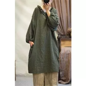 Johnature вышивка стирка хлопок винтажное платье осень женщина длинные рукава свободное повседневное платье One Size зелёный