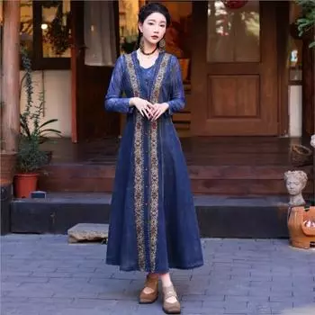 Johnature вышивка в китайском стиле винтажное платье без рукавов женское весеннее хлопковое повседневное однобортное платье M синий