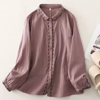Johnature вышивка винтажная однотонная рубашка женская весенняя свободная рубашка с длинными рукавами M хаки