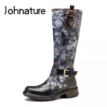 Johnature/высокие сапоги из натуральной кожи, женская обувь, осенне-зимние ботинки с круглым носком на молнии для отдыха, лоскутные ботинки ручной работы на платформе