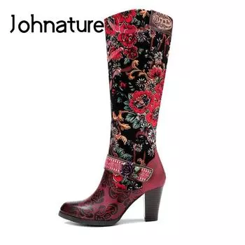 Johnature/высокие сапоги из натуральной кожи; женская обувь; зимние ботинки ручной работы на платформе с круглым носком и молнией;