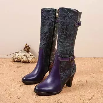 Johnature/высокие сапоги из натуральной кожи, женская обувь, зимние универсальные ботинки ручной работы на высоком каблуке с круглым носком и принтом ручной работы 36 фиолетовый