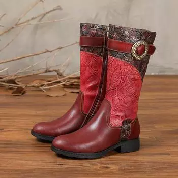 Johnature/высокие сапоги из натуральной кожи; женская обувь; изысканные ботинки ручной работы в этническом стиле с круглым носком и тиснением;