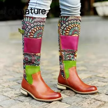 Johnature/высокие сапоги, женская обувь, обувь из натуральной кожи на молнии с круглым носком, разные цвета, для отдыха, шитье ручной работы, ботинки на платформе в стиле ретро